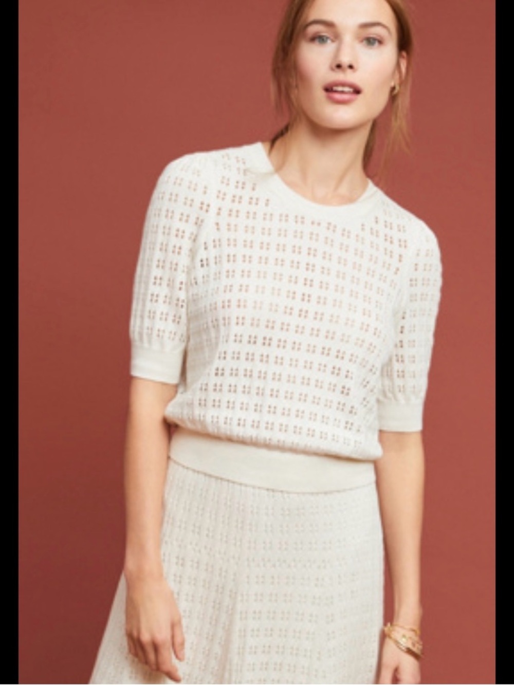 Anthropologie meadow rue Cadenza Cream Openwork Knit Short-Sleeve Top - Picture 1 of 8